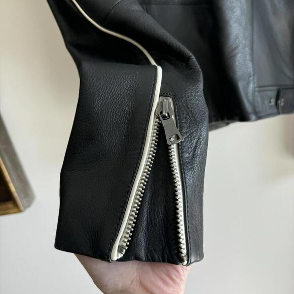 Joe’s Collection Moto Black Leather Jacket Red White Piping Size S - Picture 4 of 14